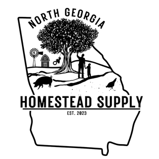 Logo of North Georgia Homestead Supply with a tree, house, and people illustration on a white background.