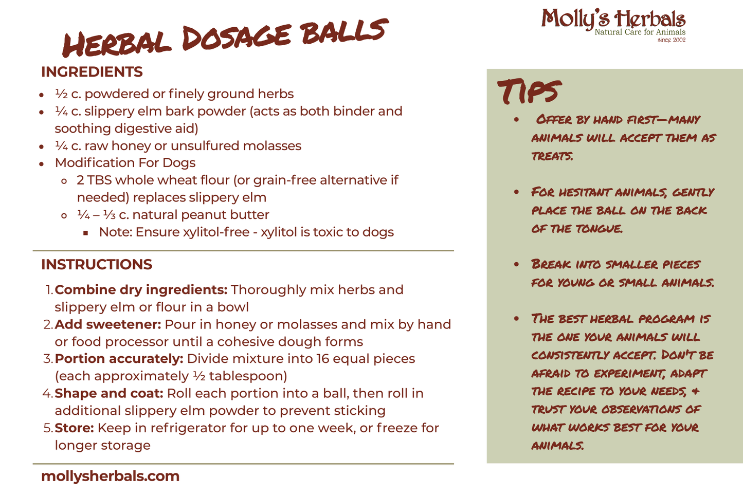 Herbal Dosage Balls Recipe Card — Free with Purchase - Molly's Herbals